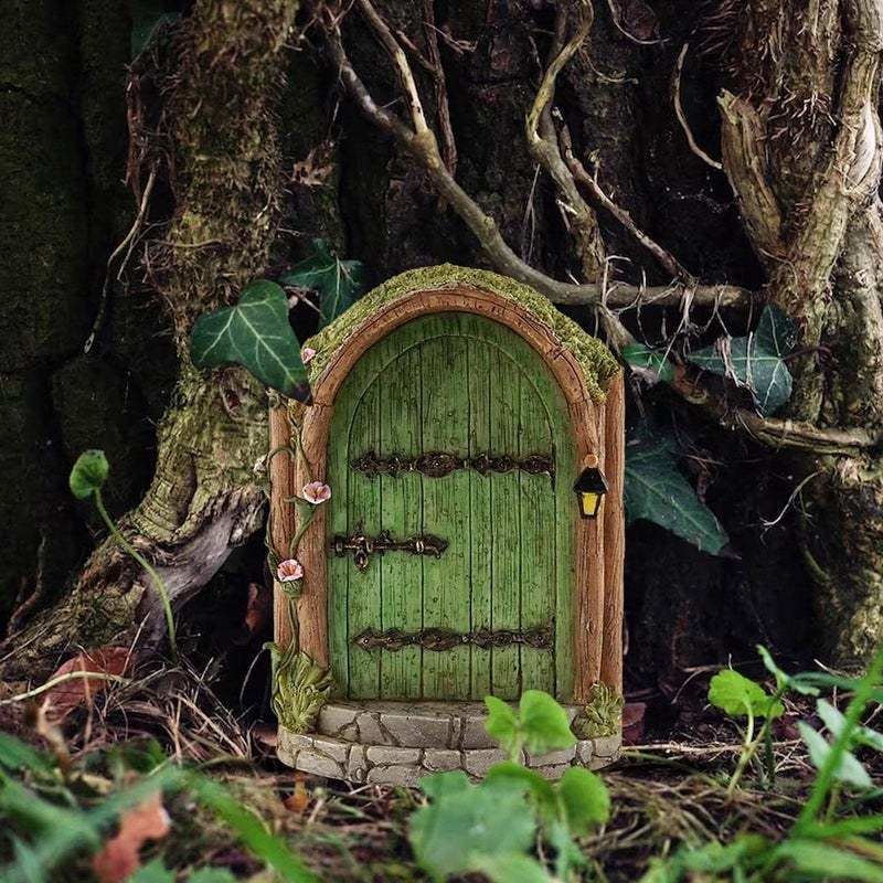 Wentoenapp Green Fairy Door, Wooden Miniature Fairy Garden Doors Outdoor Mini Fairy Gnome House Accessories for Tree Trunk Ornaments Garden Miniatures, Fairy Doors for Trees Outdoor, Gnome Door for Tree Trunk - Image 5